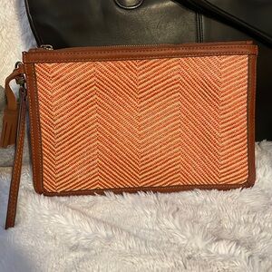 Lucky Brand Sunset Coral/Tan Wristlet with leather trim